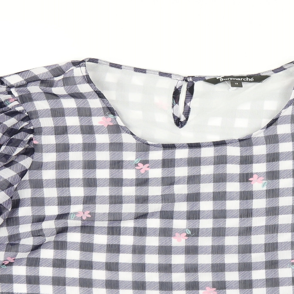 Bonmarché Womens Blue Check Polyester Basic T-Shirt Size 12 Round Neck