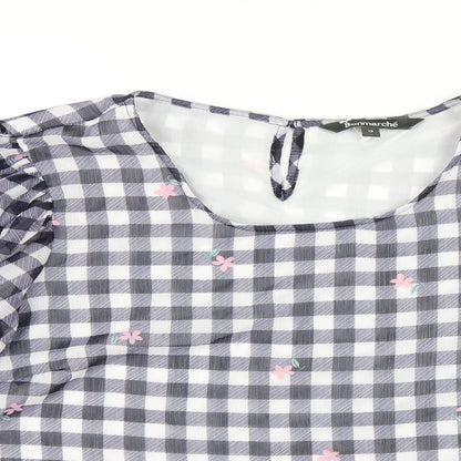 Bonmarché Womens Blue Check Polyester Basic T-Shirt Size 12 Round Neck