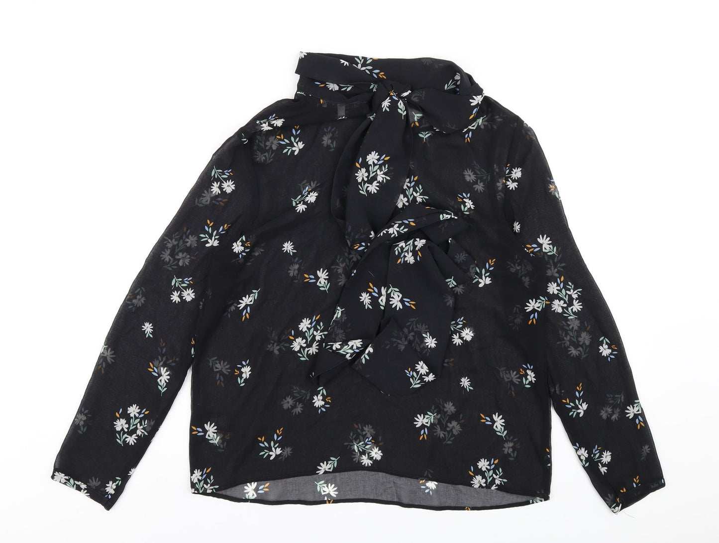 Marks and Spencer Womens Black Floral Polyester Basic Blouse Size 12 Mock Neck