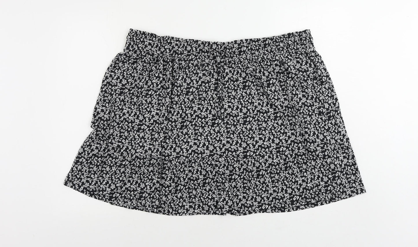 Marks and Spencer Womens Black Floral Cotton Mini Skirt Size 22 Drawstring