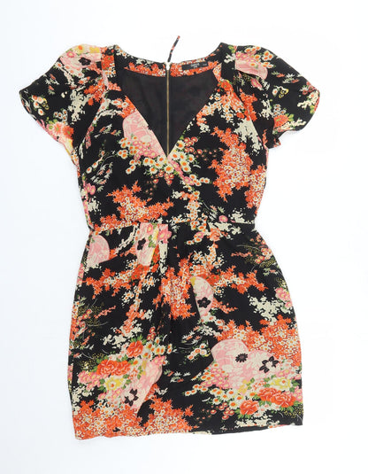 Oasis Womens Black Floral Polyester A-Line Size 10 V-Neck Zip - Lined