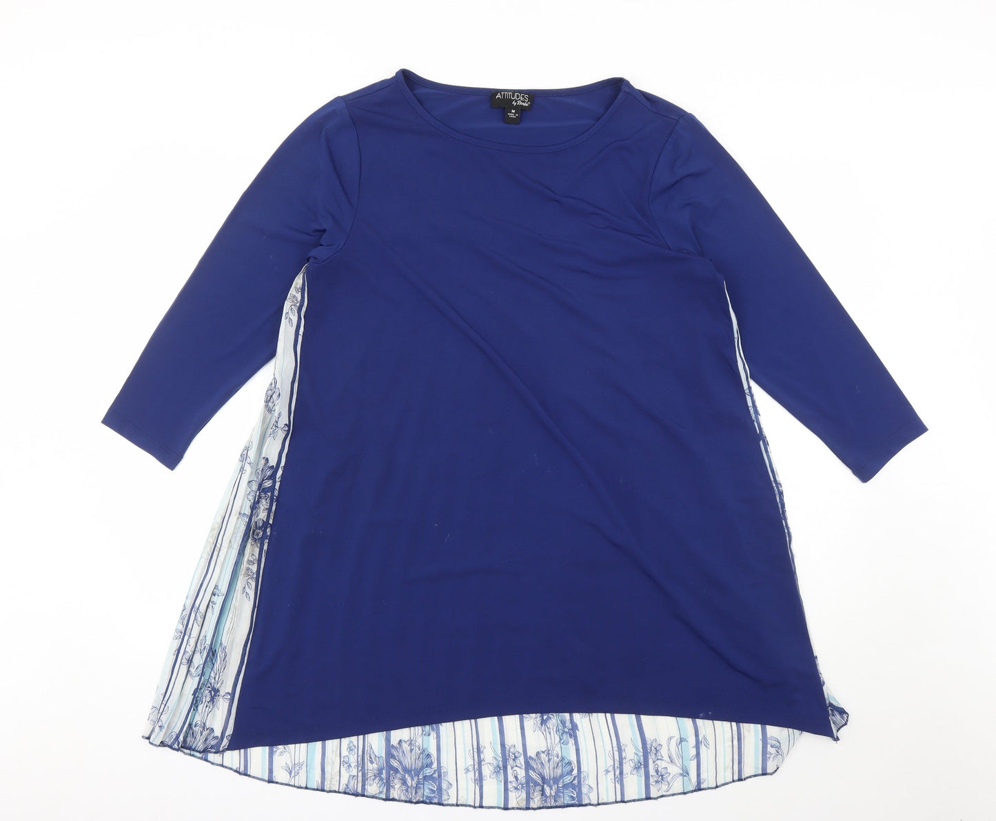 Attitudes Womens Blue Floral Polyester Basic Blouse Size M Round Neck - Pleated Back