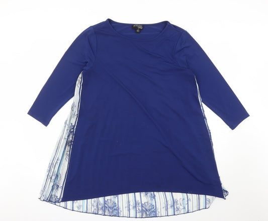 Attitudes Womens Blue Floral Polyester Basic Blouse Size M Round Neck - Pleated Back