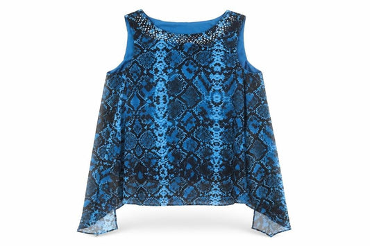 Front view of Roman women’s blue animal print polyester basic blouse, round neck - snake skin pattern rhinestone detail