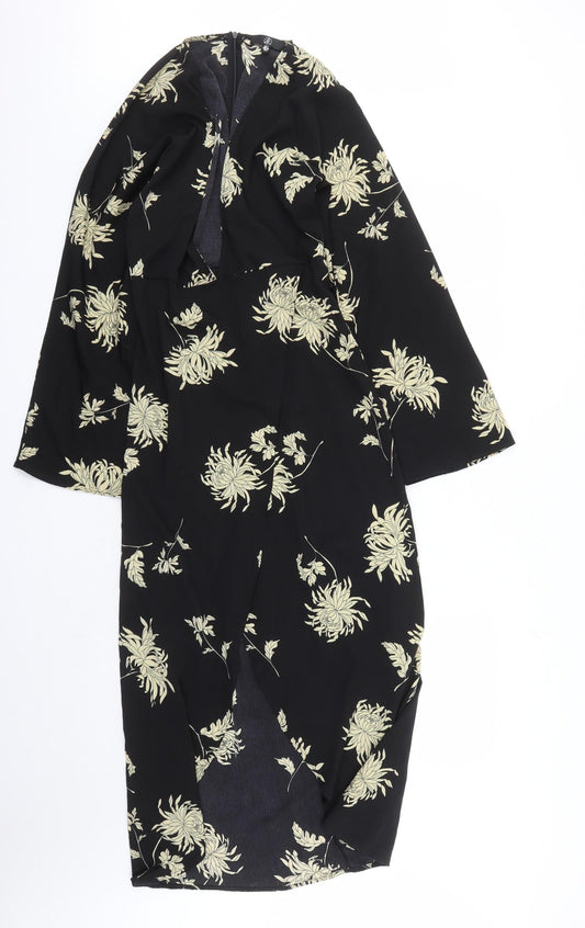 Missguided Womens Black Floral Polyester A-Line Size 6 V-Neck Zip