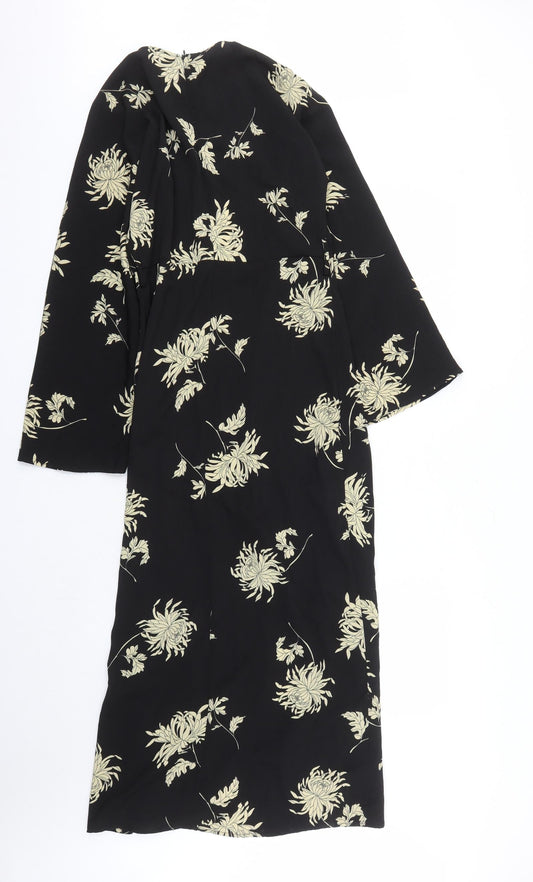 Missguided Womens Black Floral Polyester A-Line Size 6 V-Neck Zip