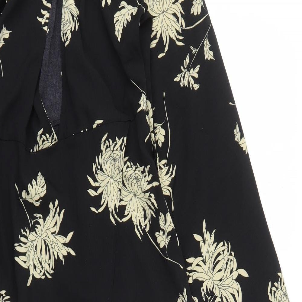 Missguided Womens Black Floral Polyester A-Line Size 6 V-Neck Zip