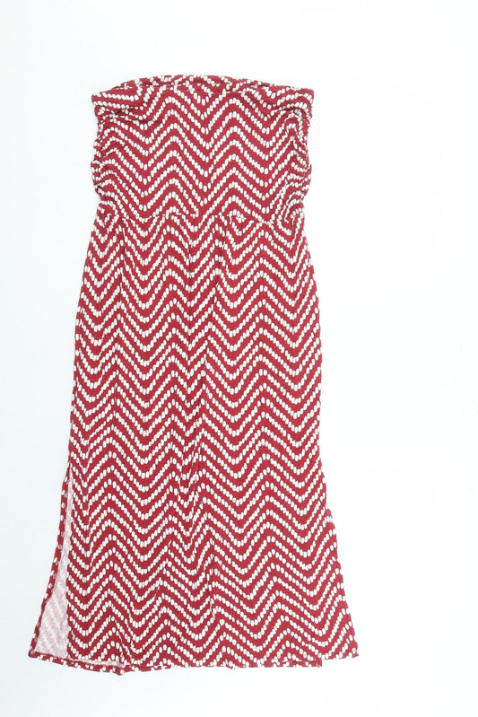 Oasis Womens Red Geometric Viscose A-Line Size S Off the Shoulder Pullover - Side Split Detail