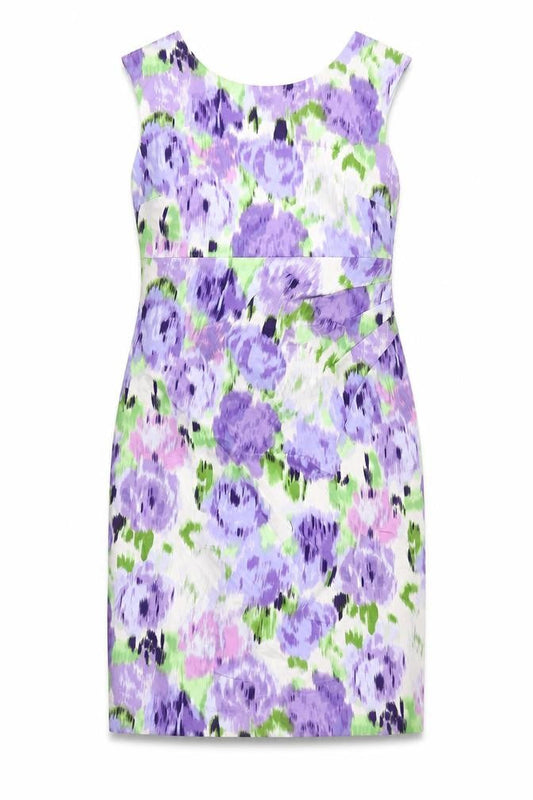 Front view of Kaliko women’s purple geometric cotton a-line, size UK 10, round neck zip - lined