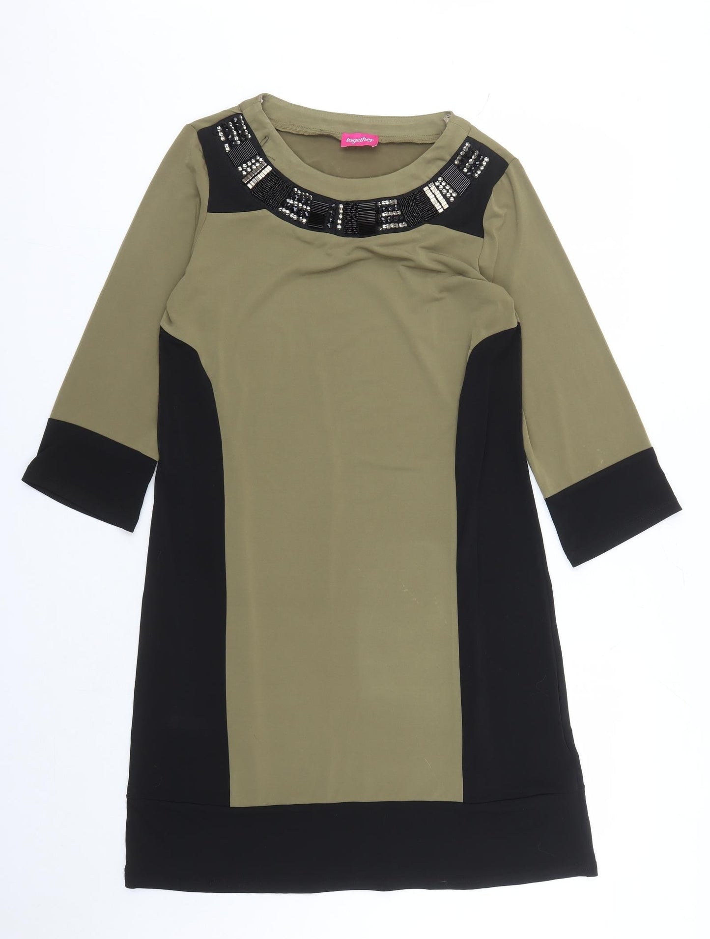 Together Womens Green Colourblock Polyester A-Line Size 12 Round Neck Pullover - Beaded Neckline