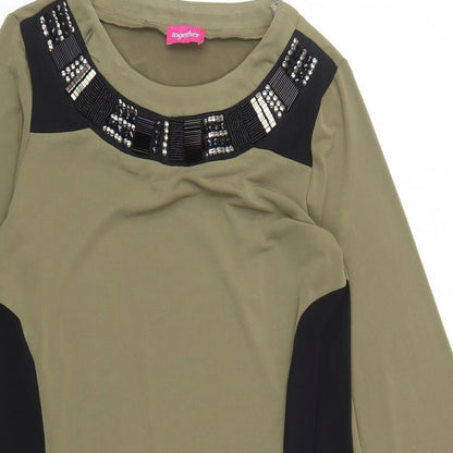 Together Womens Green Colourblock Polyester A-Line Size 12 Round Neck Pullover - Beaded Neckline