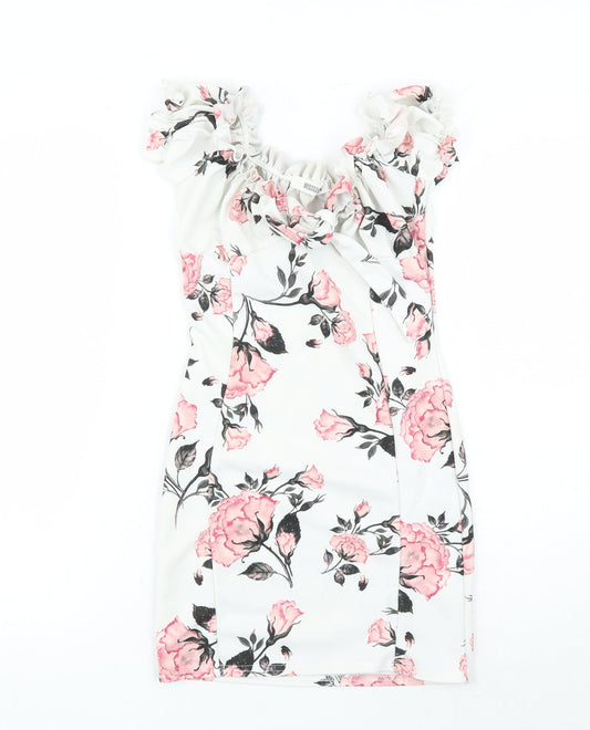 Missguided Womens White Floral Polyester Mini Size 6 Round Neck Pullover