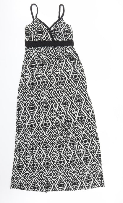 Mandi Womens Black Geometric Polyester Maxi Size 8 V-Neck Pullover
