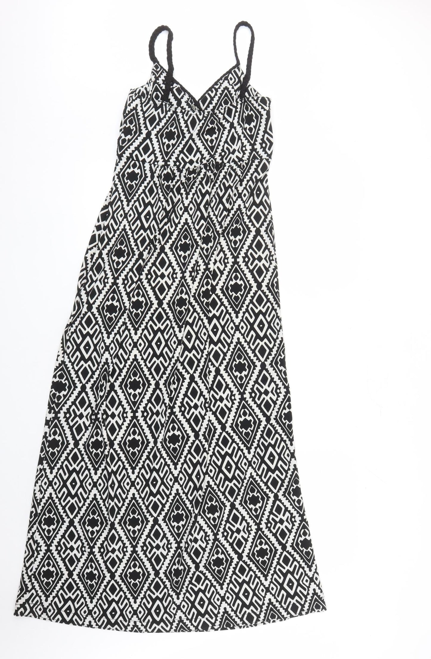 Mandi Womens Black Geometric Polyester Maxi Size 8 V-Neck Pullover