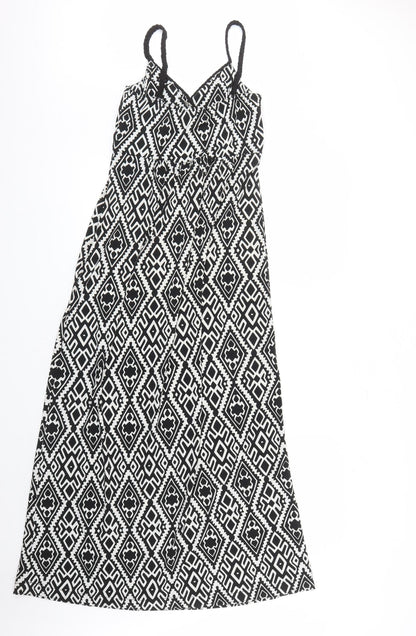 Mandi Womens Black Geometric Polyester Maxi Size 8 V-Neck Pullover