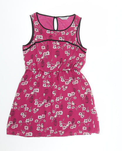 Dorothy Perkins Womens Pink Floral Polyester A-Line Size 14 Round Neck Button