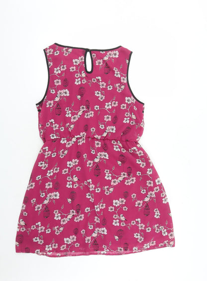 Dorothy Perkins Womens Pink Floral Polyester A-Line Size 14 Round Neck Button
