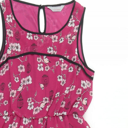 Dorothy Perkins Womens Pink Floral Polyester A-Line Size 14 Round Neck Button