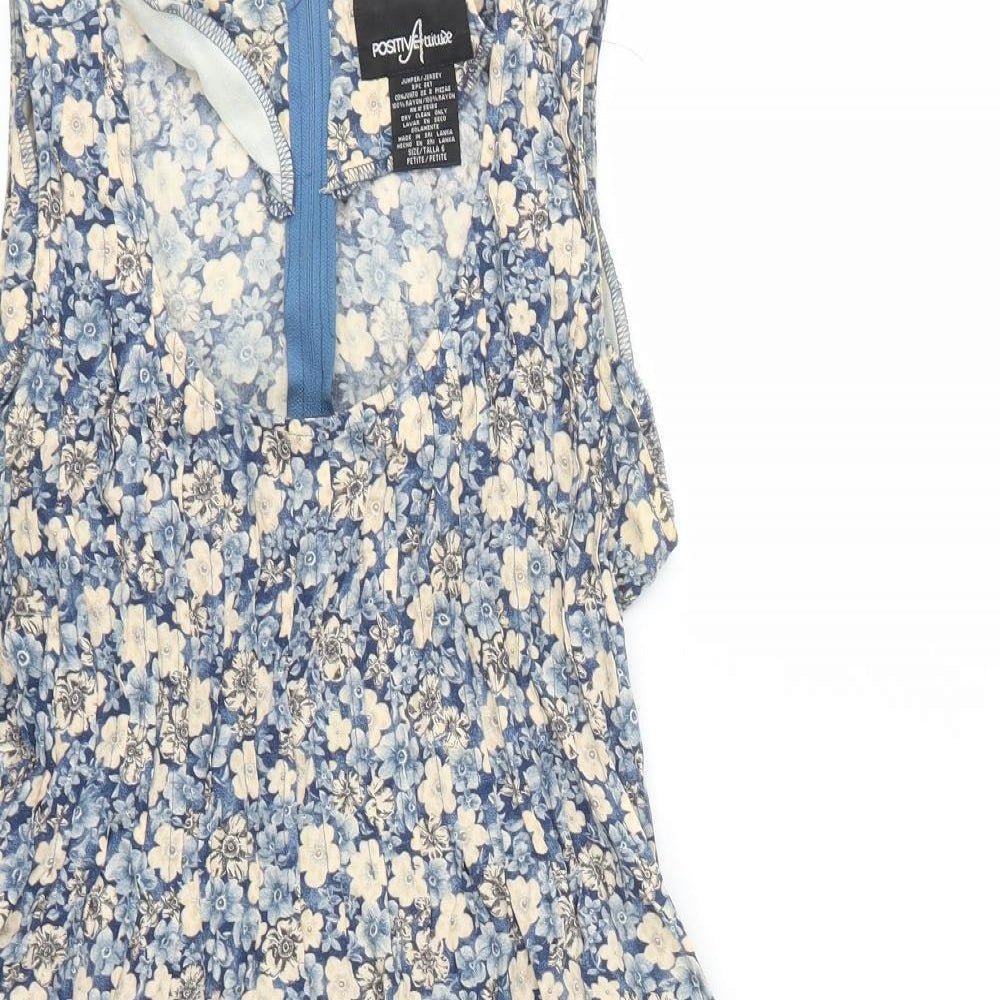 Positive Attitude Womens Blue Floral Viscose A-Line Size 6 Round Neck Zip
