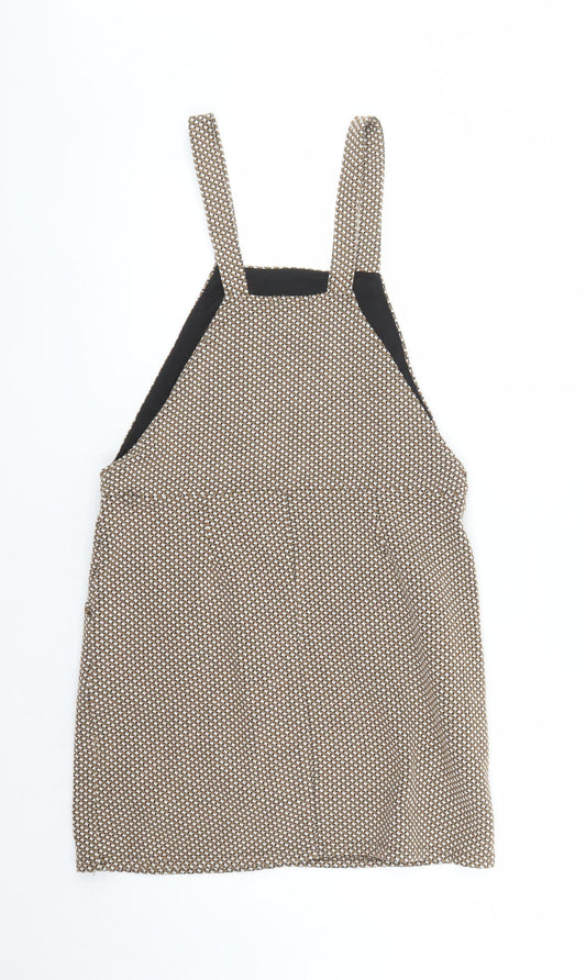 New Look Womens Brown Geometric Polyester Pinafore/Dungaree Dress Size 8 Square Neck Pullover