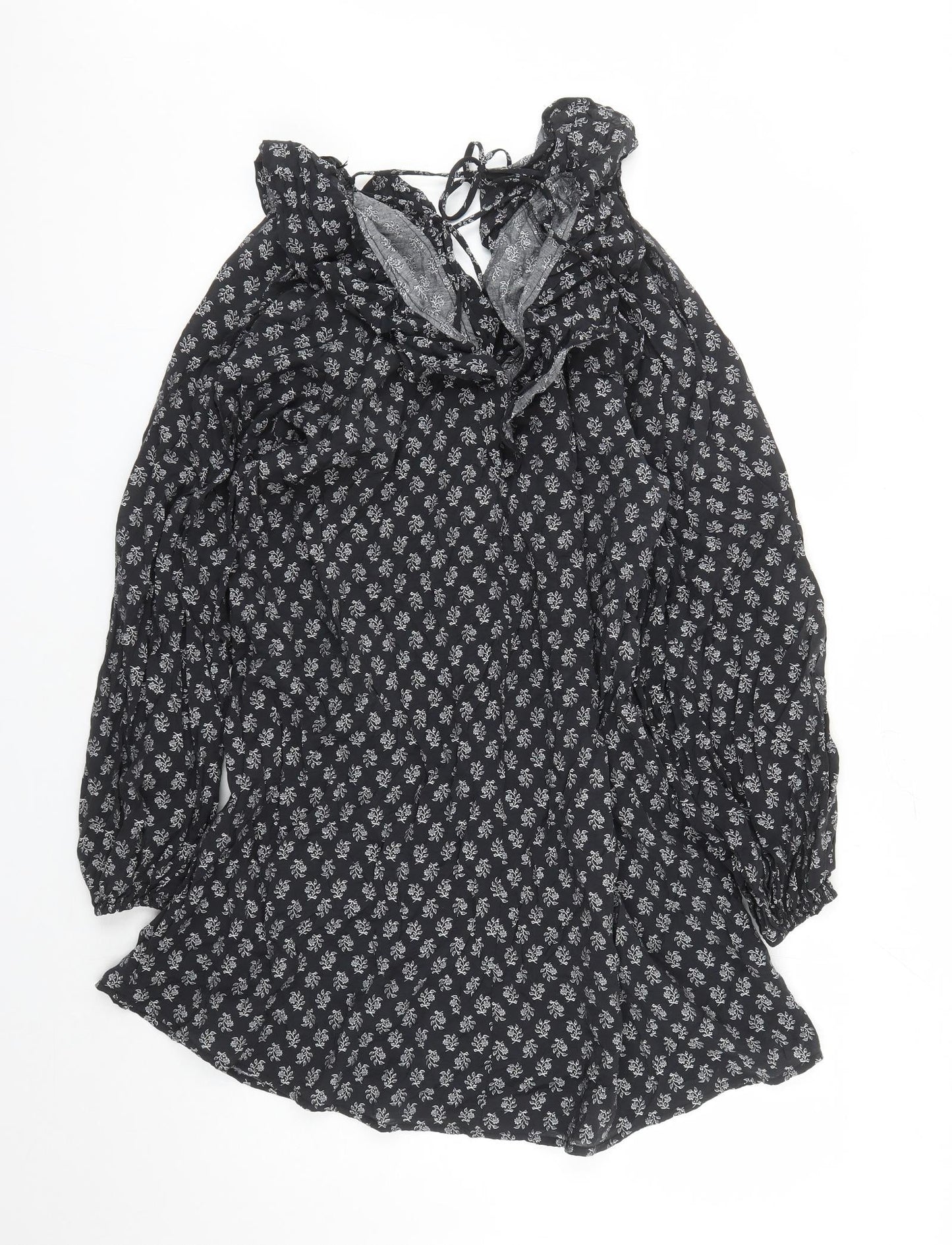 Divided by H&M Womens Black Floral Viscose A-Line Size M V-Neck Pullover - Tie Detail