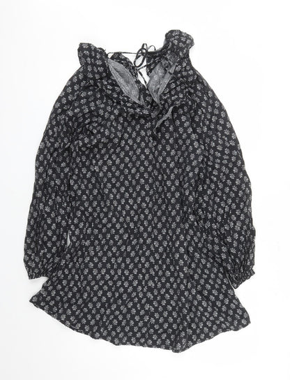 Divided by H&M Womens Black Floral Viscose A-Line Size M V-Neck Pullover - Tie Detail