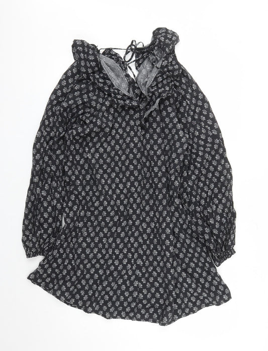 Divided by H&M Womens Black Floral Viscose A-Line Size M V-Neck Pullover - Tie Detail