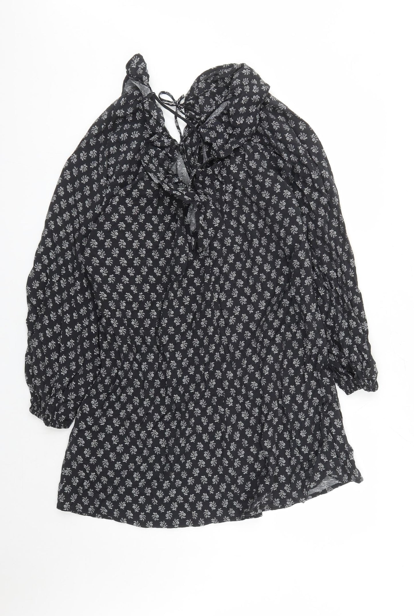 Divided by H&M Womens Black Floral Viscose A-Line Size M V-Neck Pullover - Tie Detail