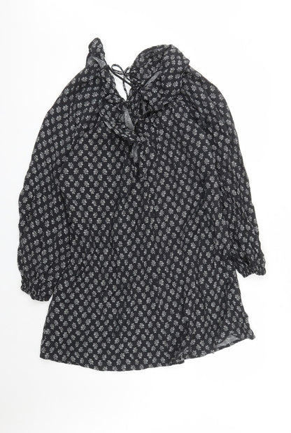 Divided by H&M Womens Black Floral Viscose A-Line Size M V-Neck Pullover - Tie Detail