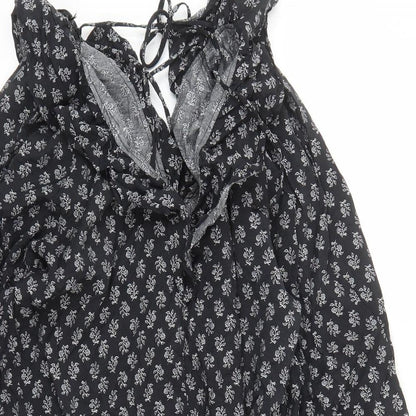 Divided by H&M Womens Black Floral Viscose A-Line Size M V-Neck Pullover - Tie Detail