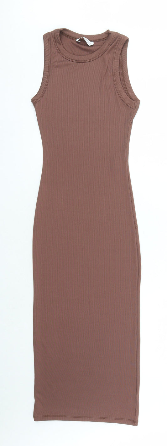 Stradivarius Womens Brown Polyester Bodycon Size M Round Neck Pullover