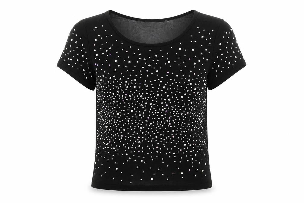 Front view of ASOS women’s black nylon cropped t-shirt, size UK 4, round neck - rhinestone detail