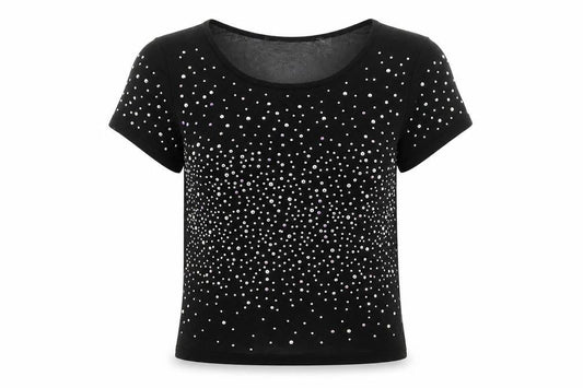 Front view of ASOS women’s black nylon cropped t-shirt, size UK 4, round neck - rhinestone detail
