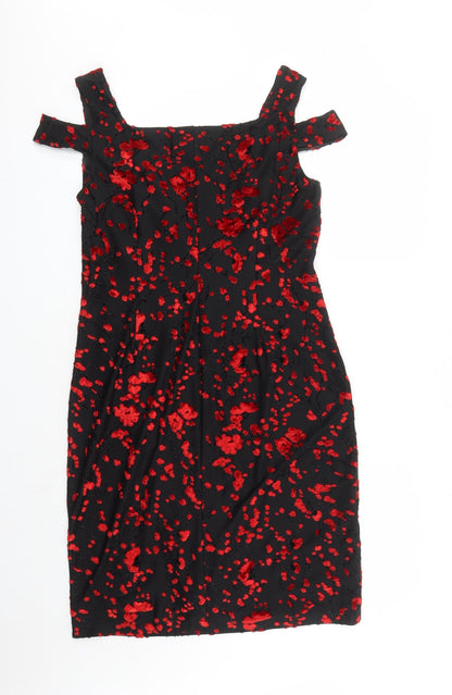 Roman Womens Black Geometric Viscose A-Line Size 14 V-Neck Pullover - Embroidered Flowers Glitter Detail