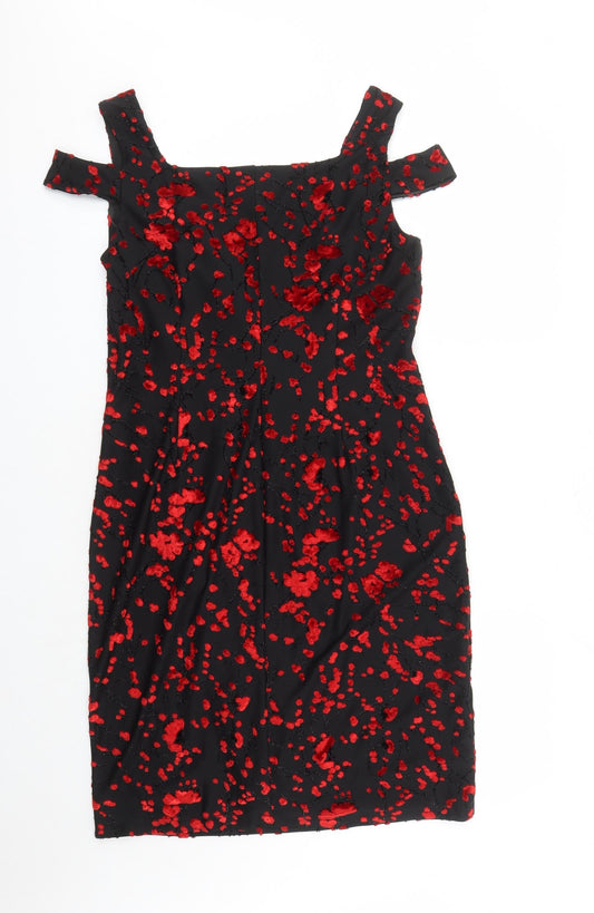 Roman Womens Black Geometric Viscose A-Line Size 14 V-Neck Pullover - Embroidered Flowers Glitter Detail