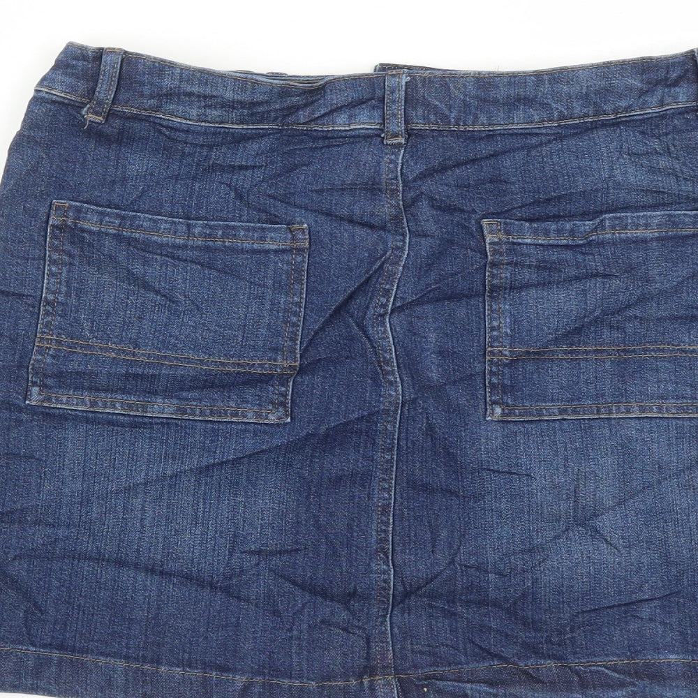Marks and Spencer Womens Blue Cotton A-Line Skirt Size 10 Zip - Pockets