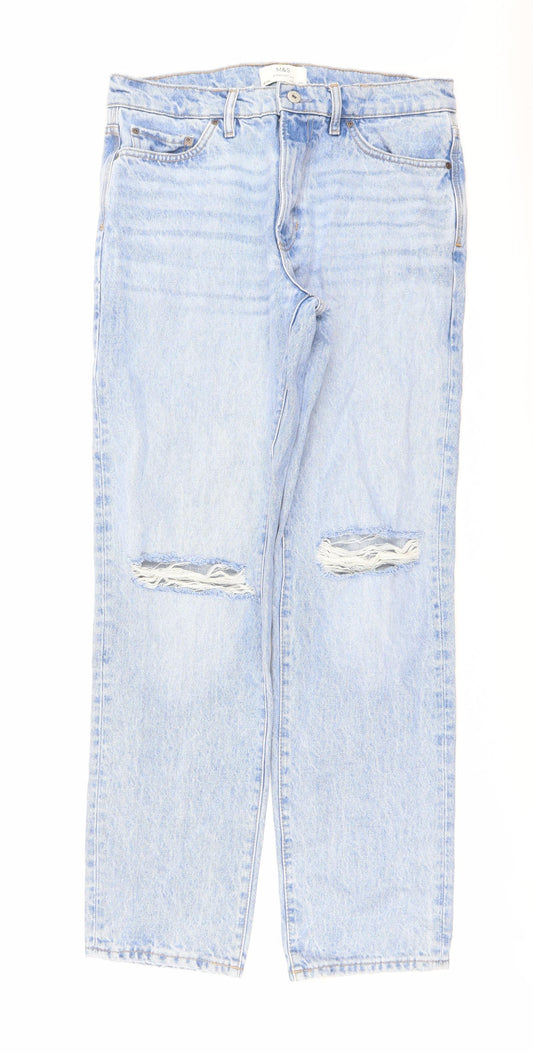 Marks and Spencer Mens Blue Cotton Straight Jeans Size 32 in L33 in Regular Button