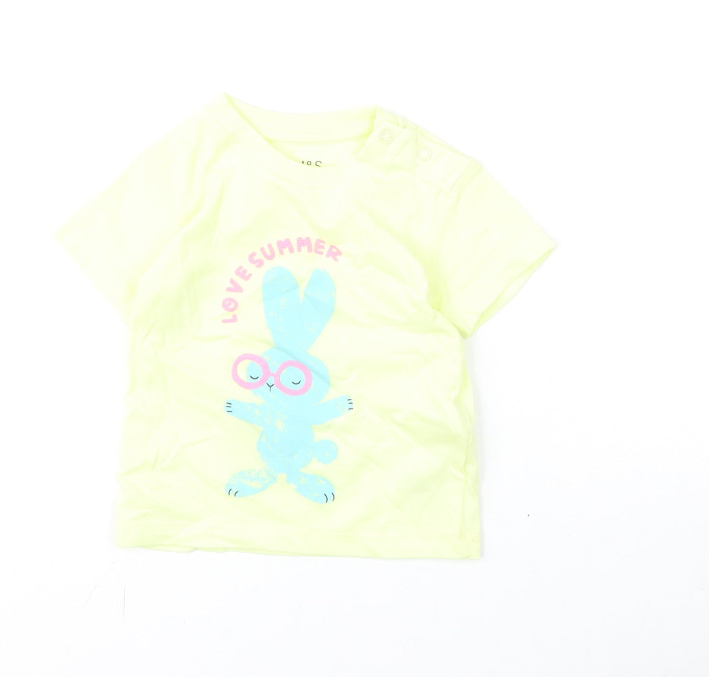 Marks and Spencer Girls Yellow Cotton Basic T-Shirt Size 3-6 Months Round Neck Snap - Bunny, Love Summer