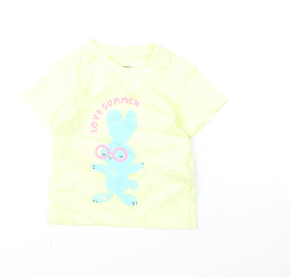 Marks and Spencer Girls Yellow Cotton Basic T-Shirt Size 3-6 Months Round Neck Snap - Bunny, Love Summer