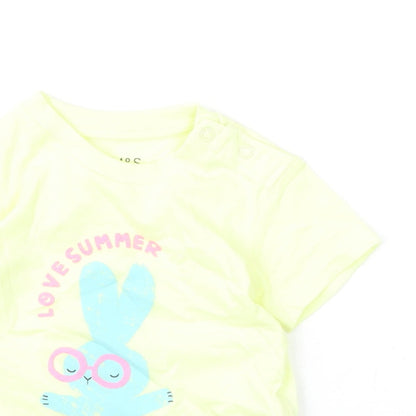Marks and Spencer Girls Yellow Cotton Basic T-Shirt Size 3-6 Months Round Neck Snap - Bunny, Love Summer