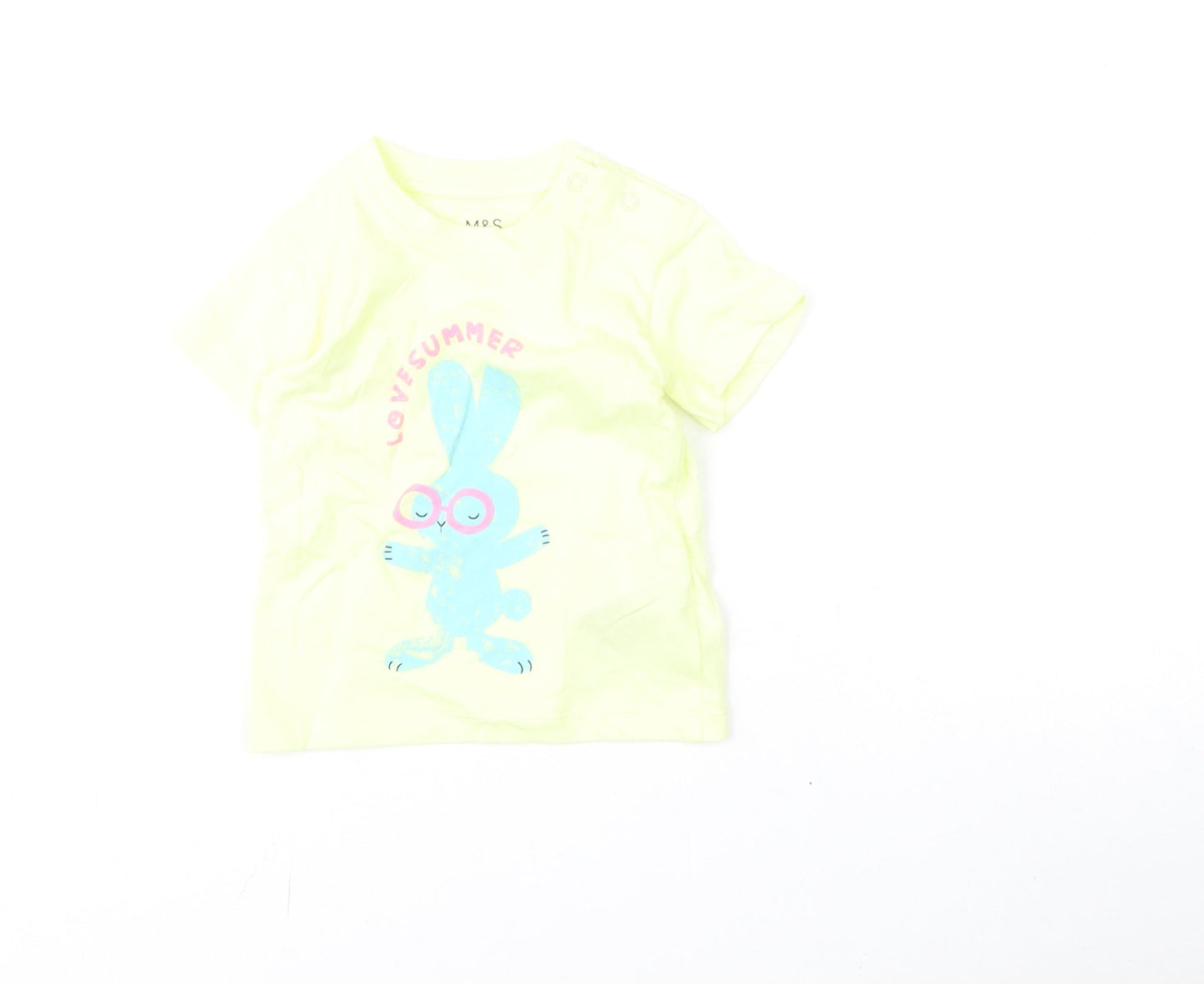 Marks and Spencer Girls Yellow Cotton Basic T-Shirt Size 3-6 Months Round Neck Snap - Bunny, Love Summer