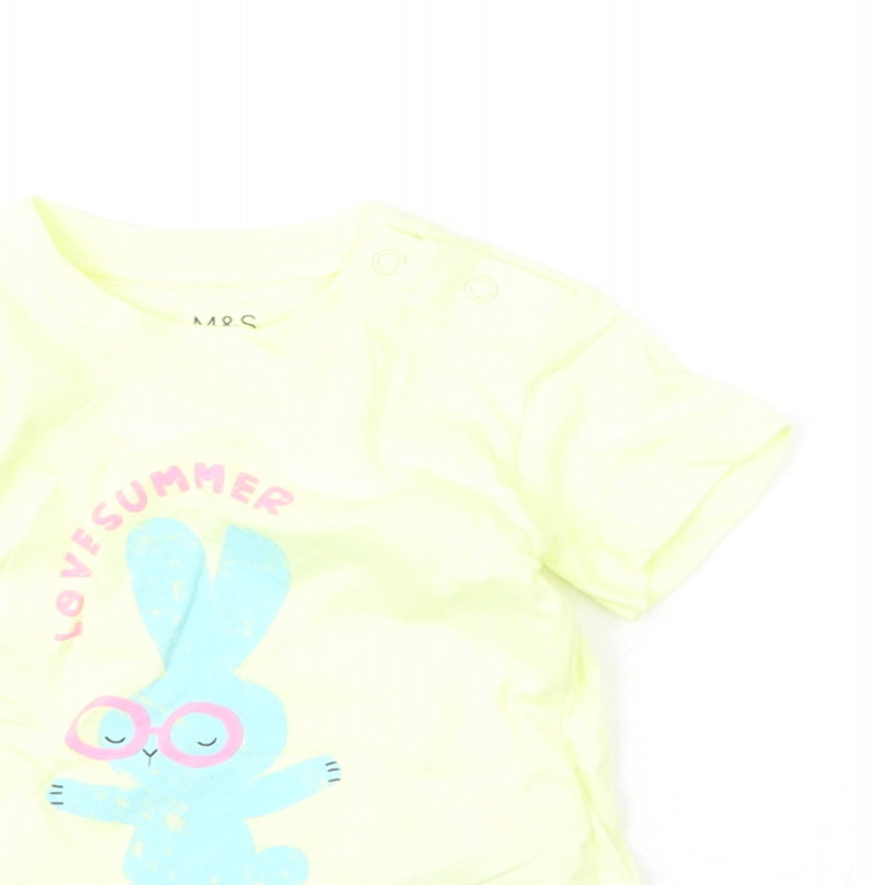 Marks and Spencer Girls Yellow Cotton Basic T-Shirt Size 3-6 Months Round Neck Snap - Bunny, Love Summer