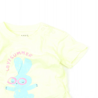 Marks and Spencer Girls Yellow Cotton Basic T-Shirt Size 3-6 Months Round Neck Snap - Bunny, Love Summer