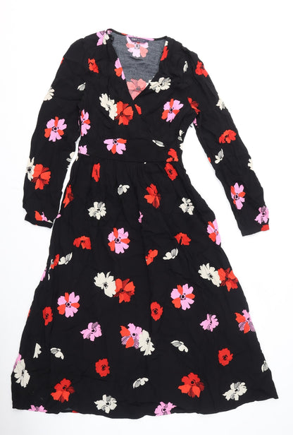 Marks and Spencer Womens Black Floral Viscose A-Line Size 6 V-Neck Zip