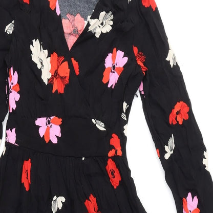 Marks and Spencer Womens Black Floral Viscose A-Line Size 6 V-Neck Zip
