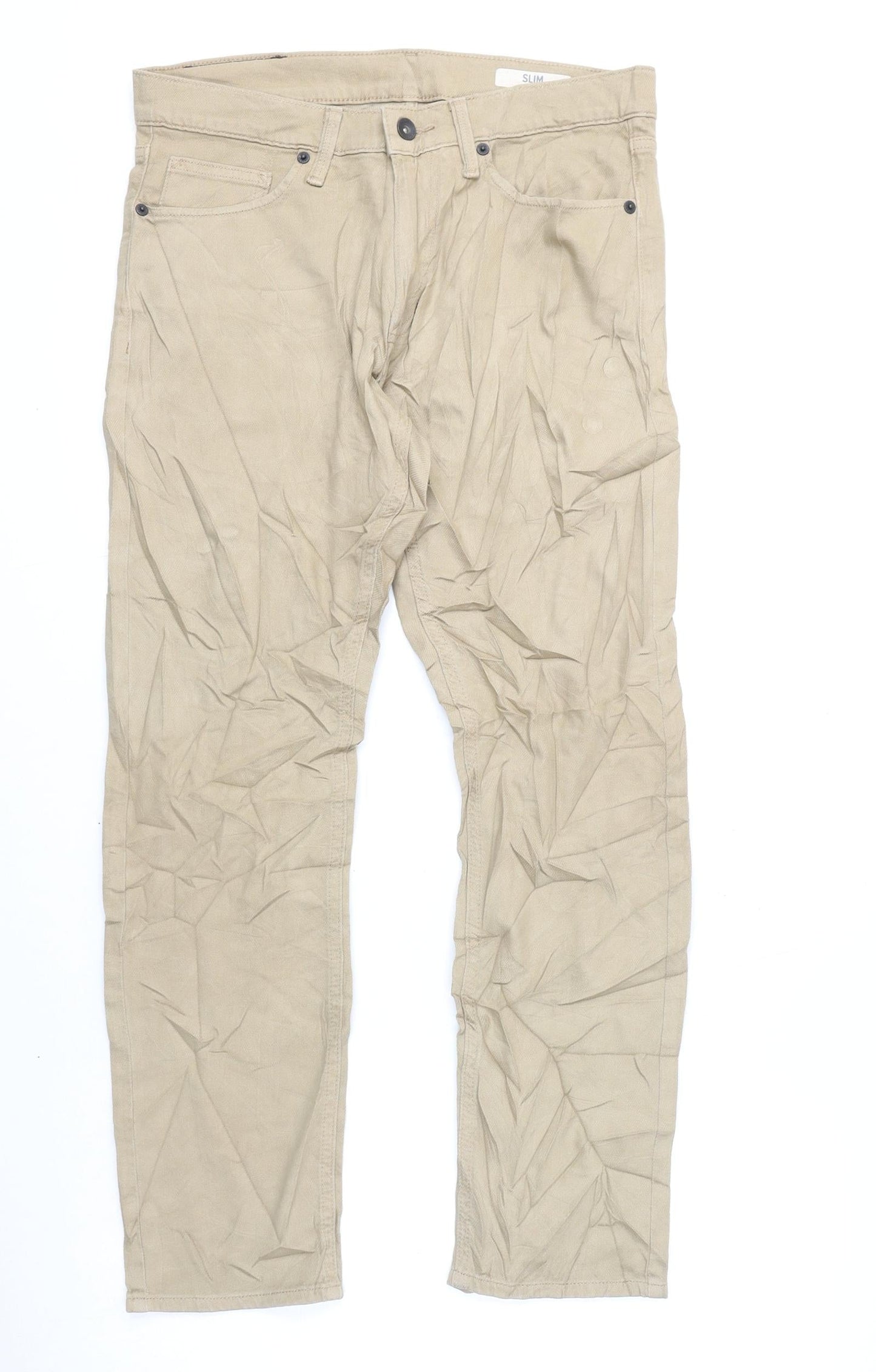 Marks and Spencer Mens Beige Cotton Straight Jeans Size 32 in L29 in Slim Zip