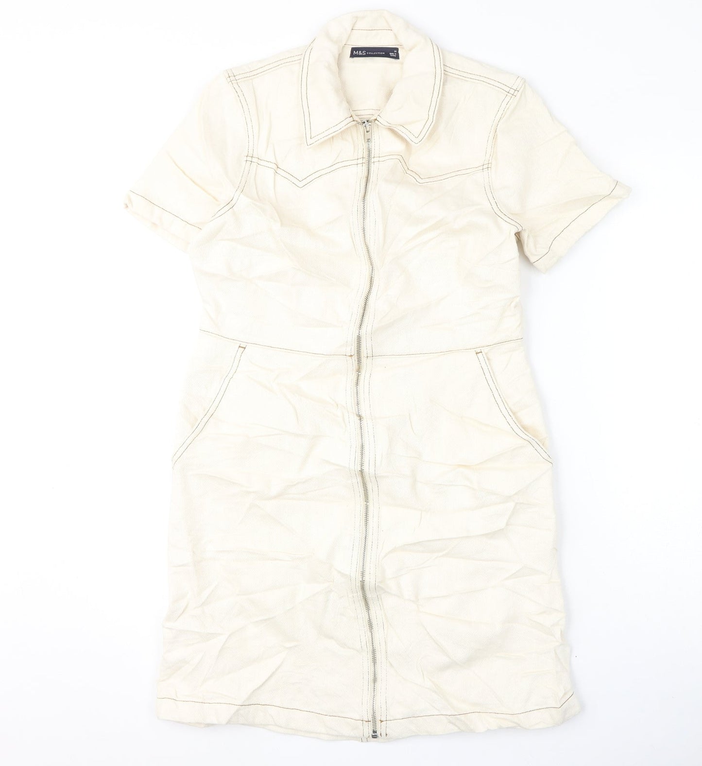 Marks and Spencer Womens Ivory 100% Cotton A-Line Size 10 Collared Zip