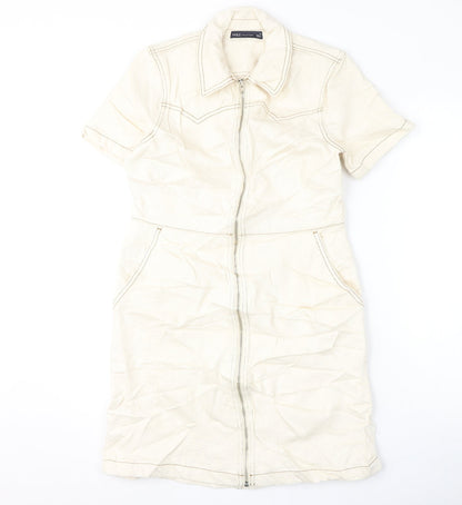 Marks and Spencer Womens Ivory 100% Cotton A-Line Size 10 Collared Zip