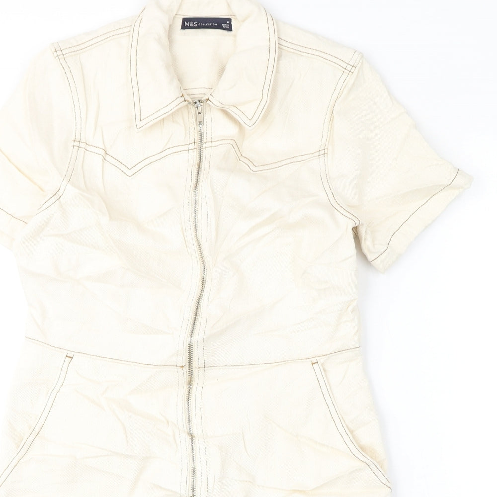 Marks and Spencer Womens Ivory 100% Cotton A-Line Size 10 Collared Zip