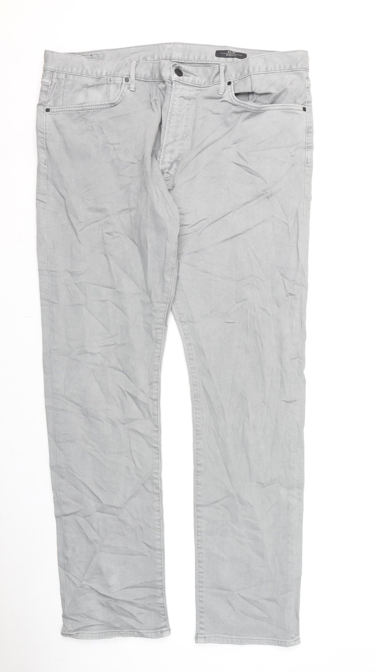 Marks and Spencer Mens Grey Cotton Straight Jeans Size 40 in L33 in Slim Zip